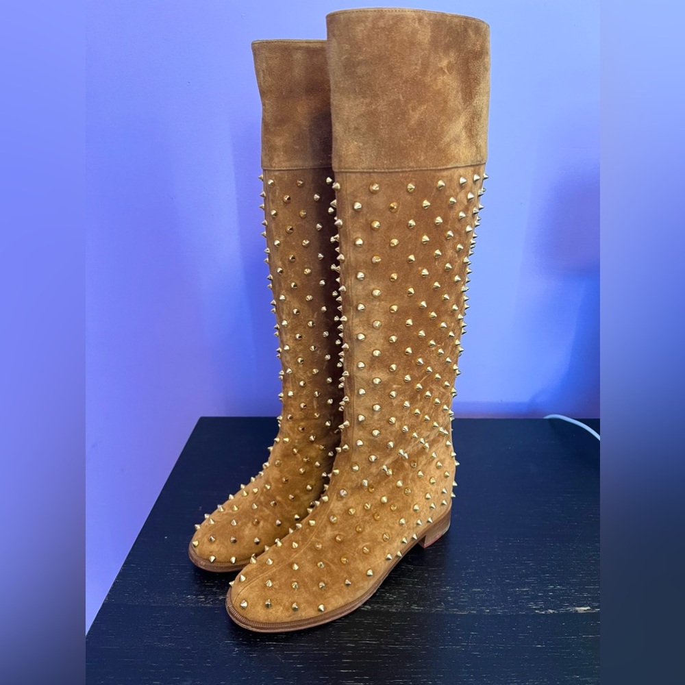 Christian Louboutin Tan Heeled Boots with Gold Studs